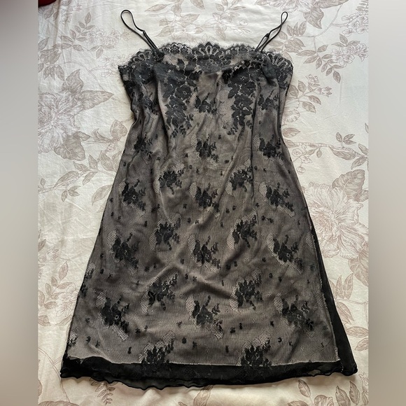 Y2K Sheer Black Mesh Overlay Mini Dress Small Slinky Whimsigoth Vamp Witchy Goth - Picture 1 of 9